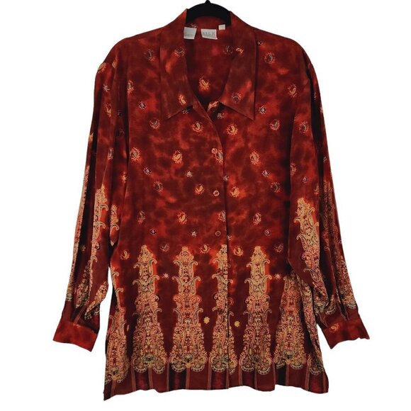 WinterSilks Silk Collections Top Long Sleeve Paisley Print Red Burgundy sz‎ 12 - Picture 1 of 7